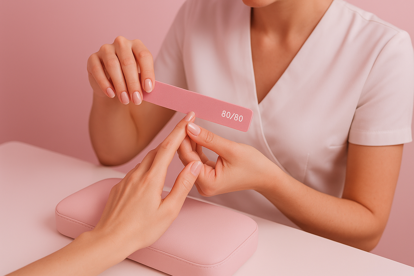a-nail-technician-filing-nails-with-an-80-80-nail-file in a pink color