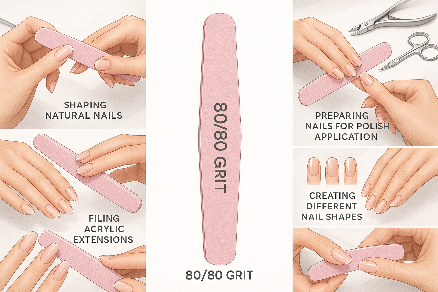 create an image describing the multiple uses of a 80/80 pink nail file