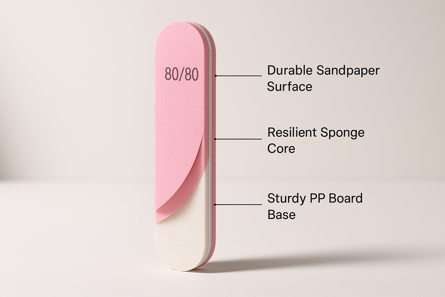 create an image showing that the 80/80 pink nail file has a durable sandpaper, resilient sponge and a sturdy pp board in a professional way.