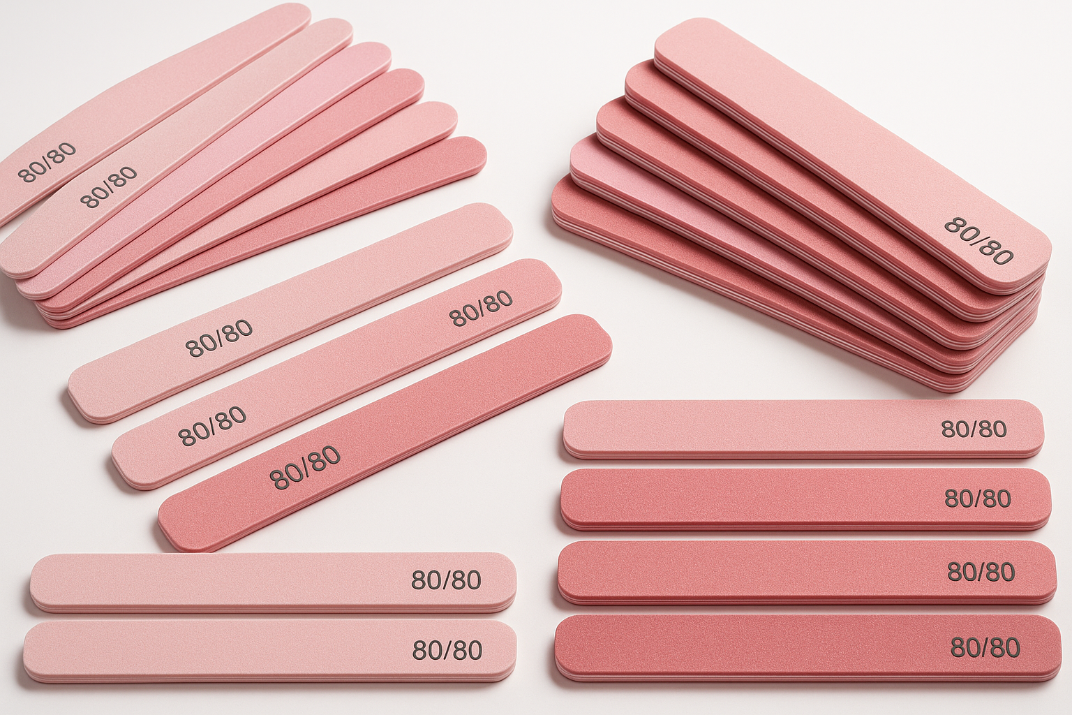 create an image with a lot of 80/80 pink nail files in a professional way.